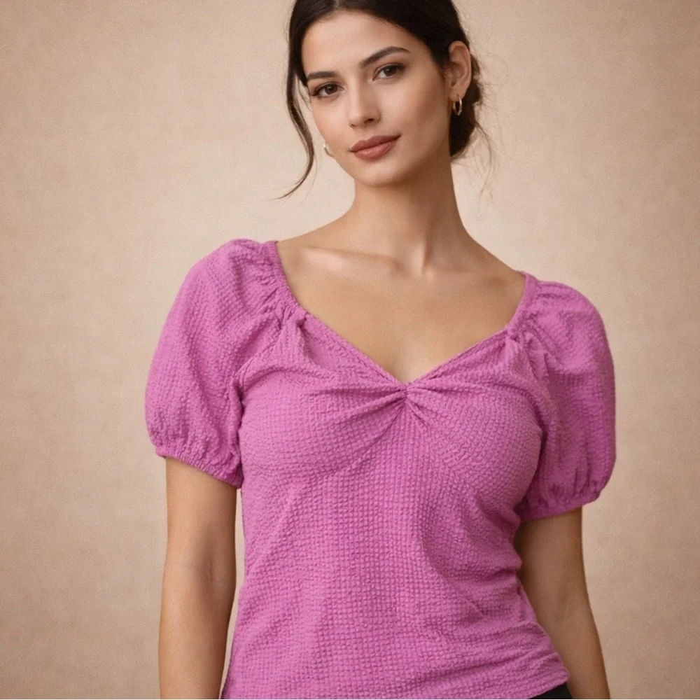 LOFT Pink Textured Puff Sleeve Top Size L Stretch Lightweight Material